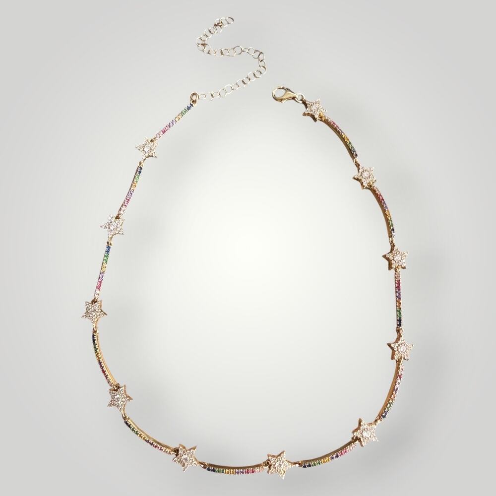 925 Sterling Silver Gold Tone Rainbow CZ Star Necklace 12-15 inch